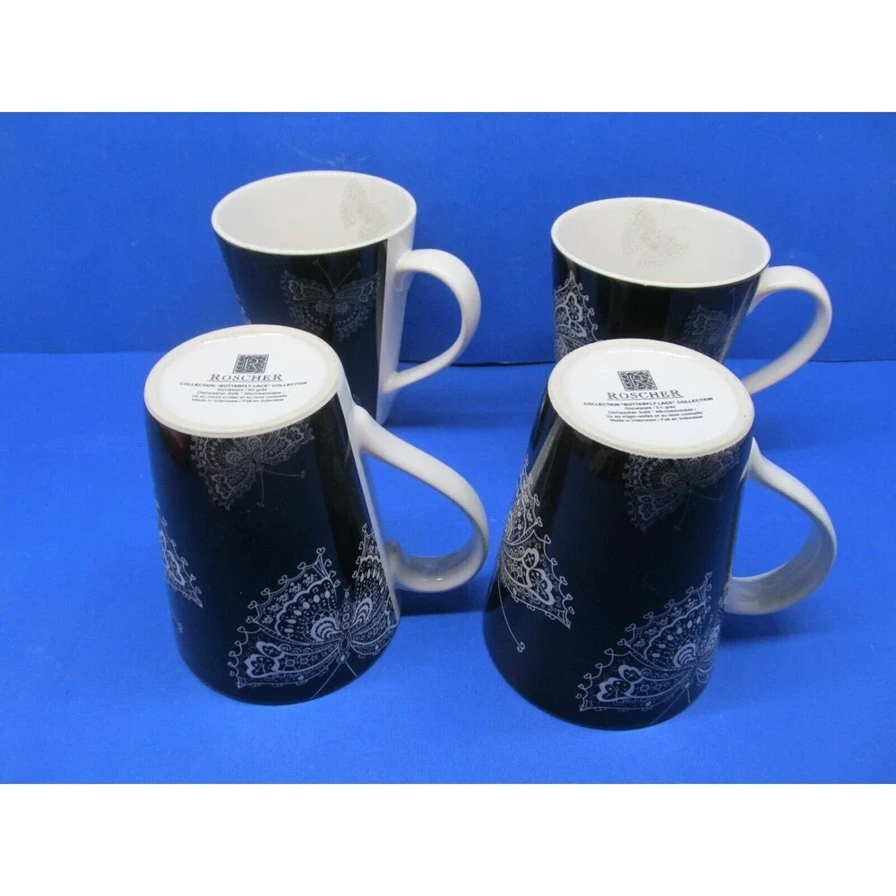 Roscher Butterfly Lace Collection Set Of 4 White On Black 4 1/2